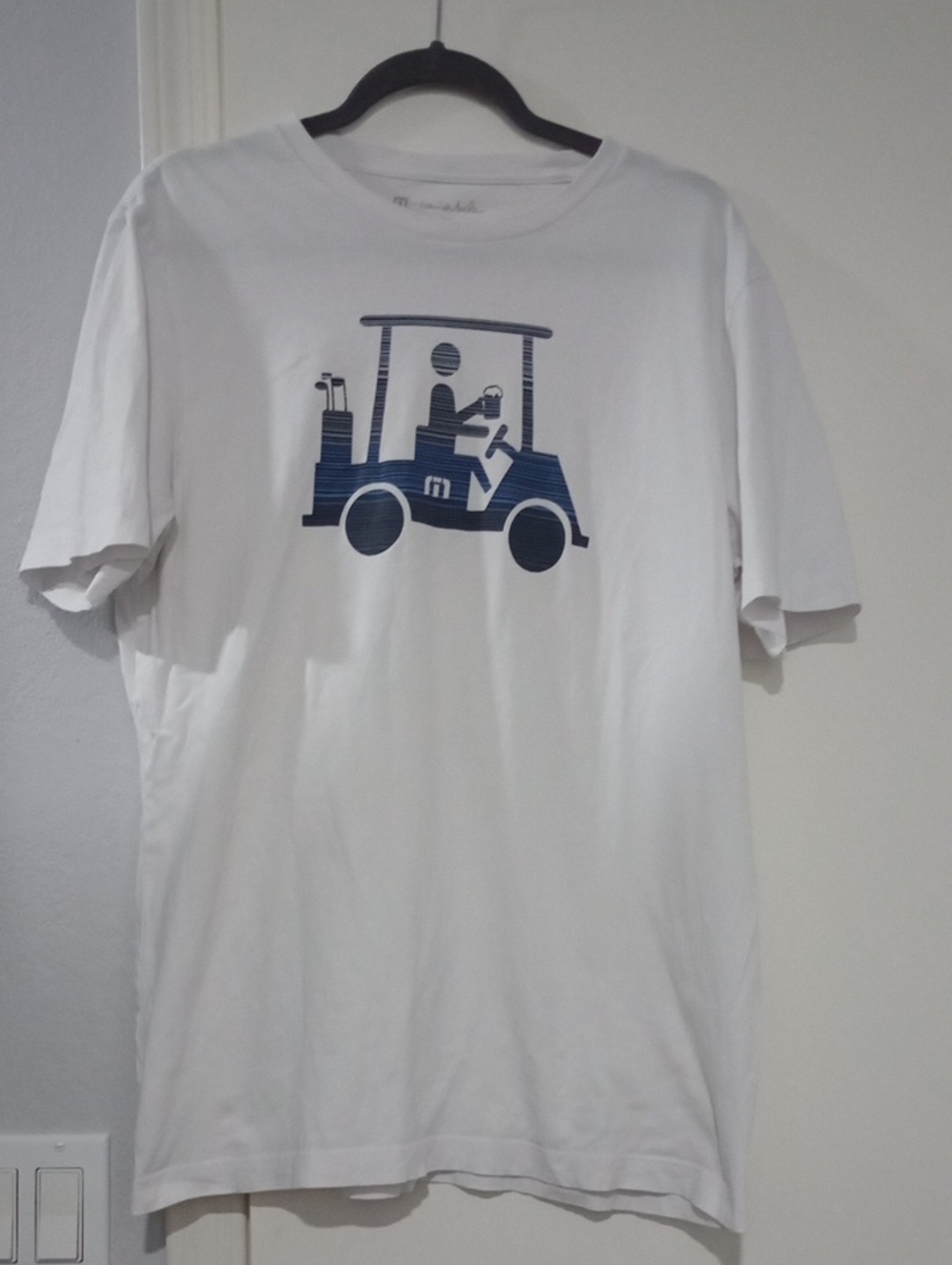 Travis Mathew White Short-Sleeve Tee with Navy Golf Cart Graphic Size M